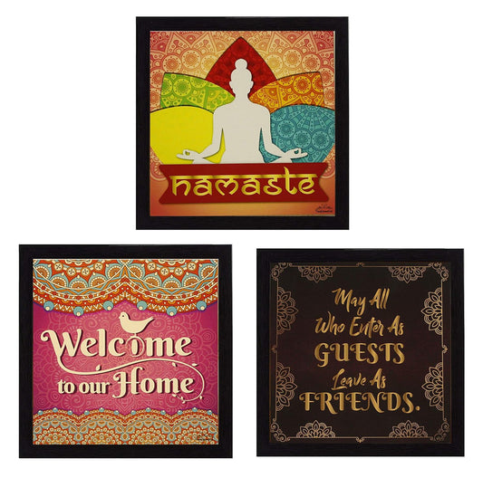 Indianara 3 Piece Set of Framed Wall Hanging Welcome Home Decor Art (1519) Prints 8.7 inch X 8.7 inch Without Glass (9.5 inch x 9.5 inch, Black)