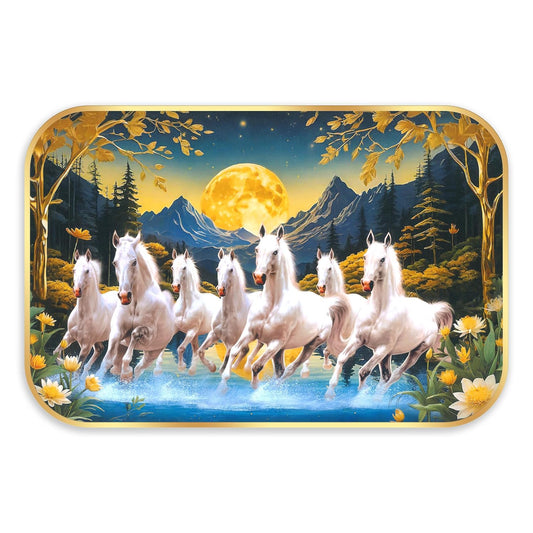 Indianara Seven Running White Horses Wall Art, Gold Frame, Night Scene with Purple Flowers, 45 x 30 cm (10916)
