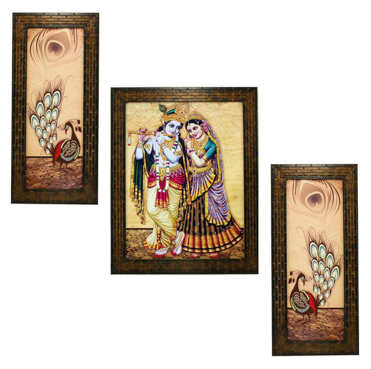 Indianara 3 PC Set of Radha Krishna Art Paintings (1170) Without Glass 5.2 X 12.5, 9.5 X 12.5, 5.2 X 12.5 inch(multicolor1170)