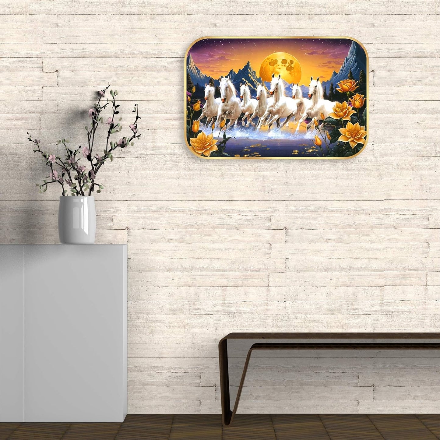 Indianara Seven Running White Horses Wall Art, Gold Frame, picturesque Sunrise Scene, 45 x 30 cm (10904)