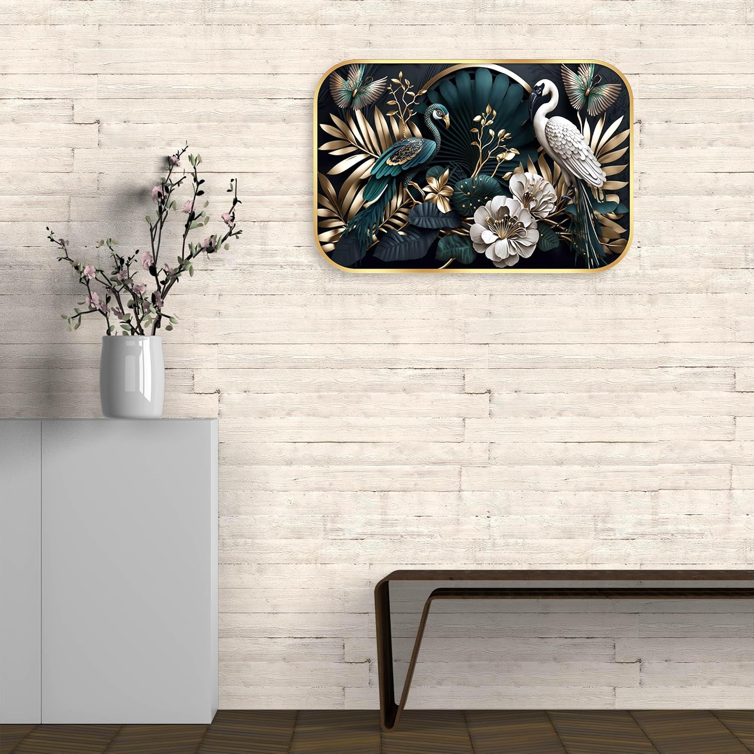 Indianara Luxury Wall Art, Peacock and Crane with Golden Foliage, Digital Print with Gold Frame, 45 x 30 cm, Black