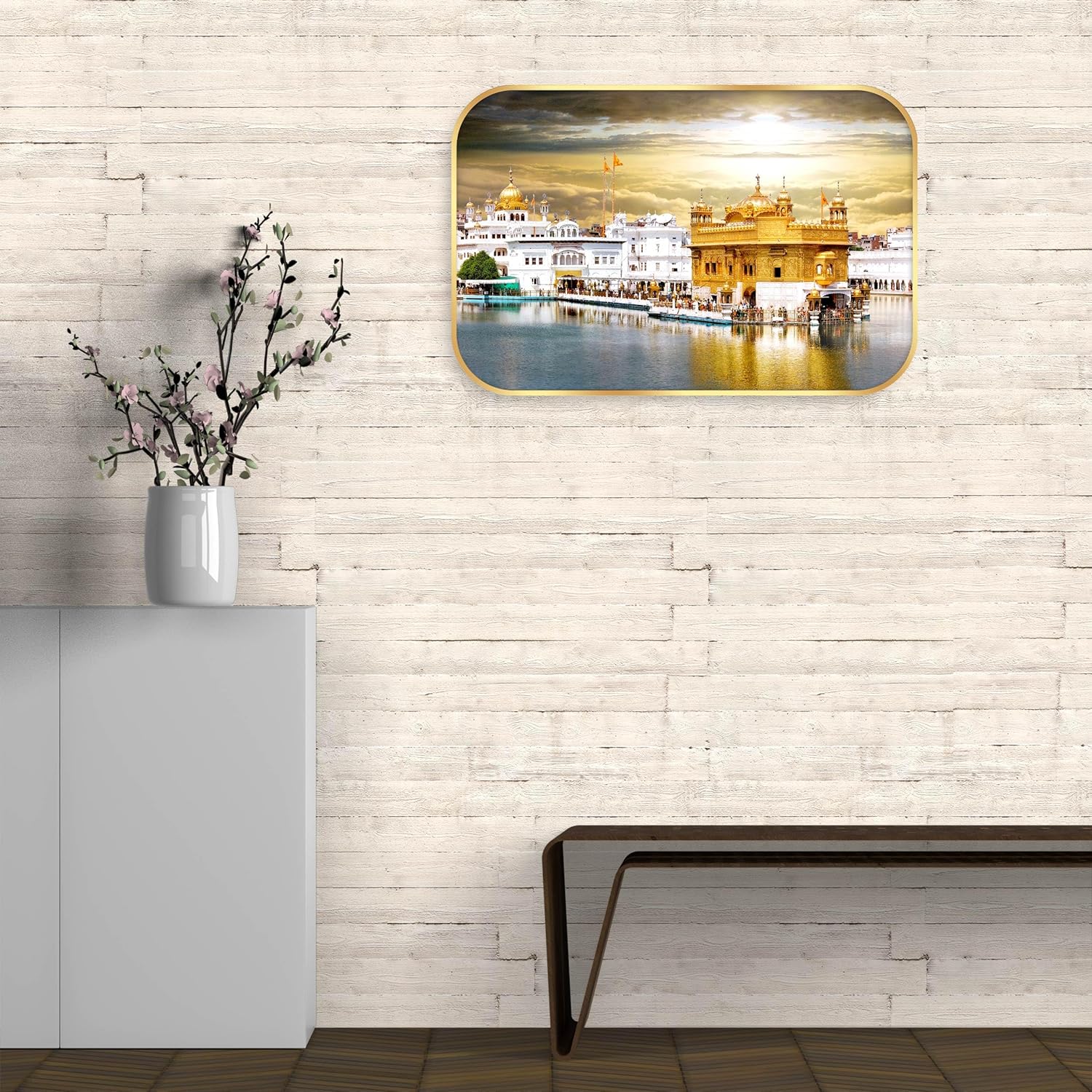 Indianara Golden Temple Amritsar Wall Art, Digital Print with Golden Frame, Premium Laminated, 45 x 30 cm