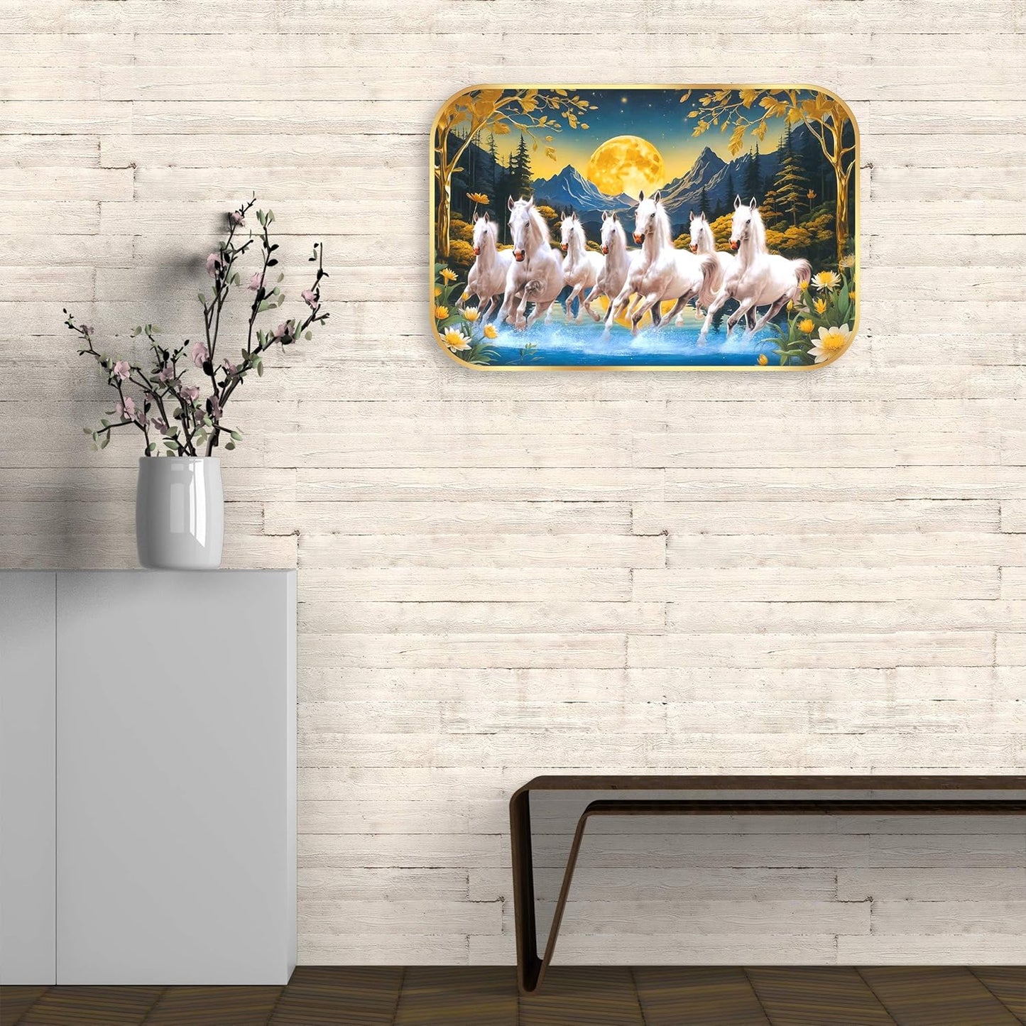 Indianara Seven Running White Horses Wall Art, Gold Frame, Night Scene with Purple Flowers, 45 x 30 cm (10916)