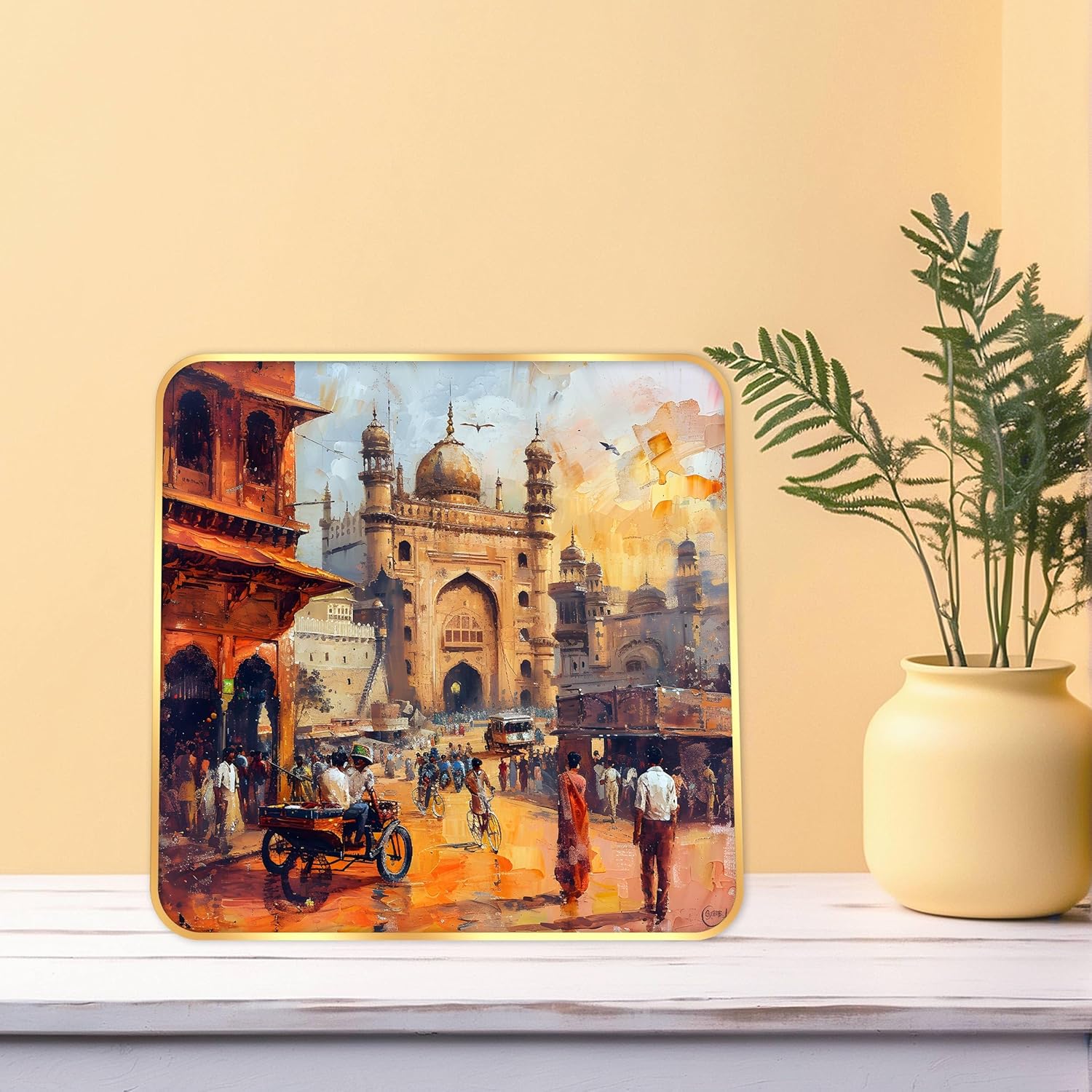 Indianara Ancient Indian Bazaar Scene Art Print, Golden Frame, Traditional Portrait, 40 cm x 40 cm, Premium Sparkle Lamination (6610)