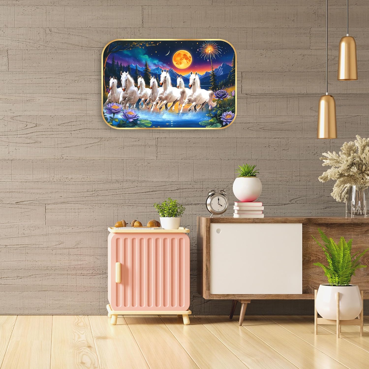 Indianara Seven Running White Horses Wall Art, Gold Frame, picturesque Scene, 45 x 30 cm (10905)