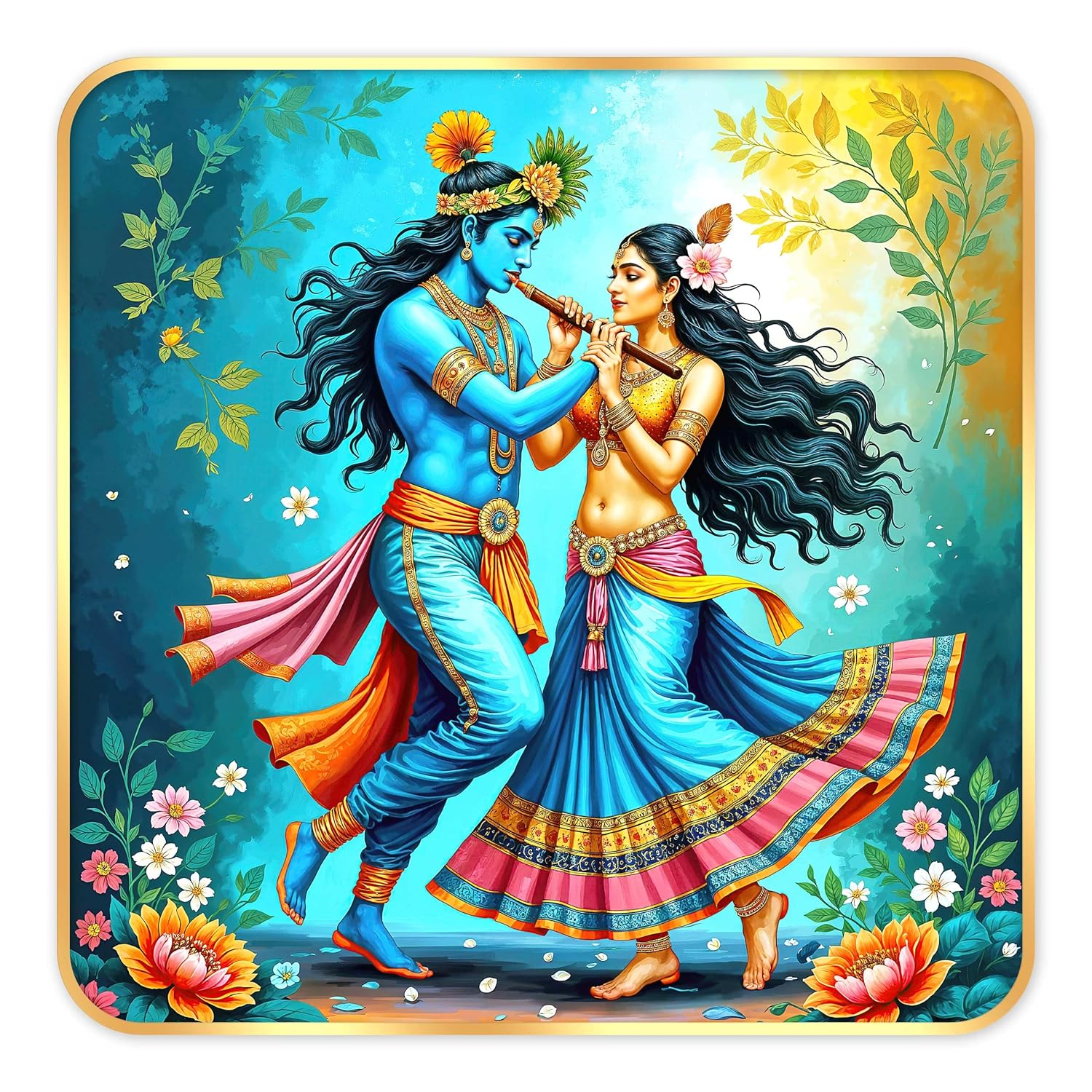 Indianara Traditional Radha Krishna Art Print, Golden Frame, Premium Sparkle Lamination, 40 cm x 40 cm (6674)