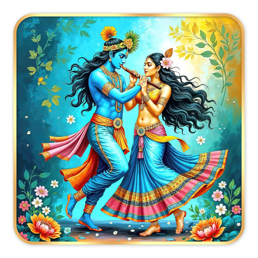 Indianara Traditional Radha Krishna Art Print, Golden Frame, Premium Sparkle Lamination, 40 cm x 40 cm (6674)