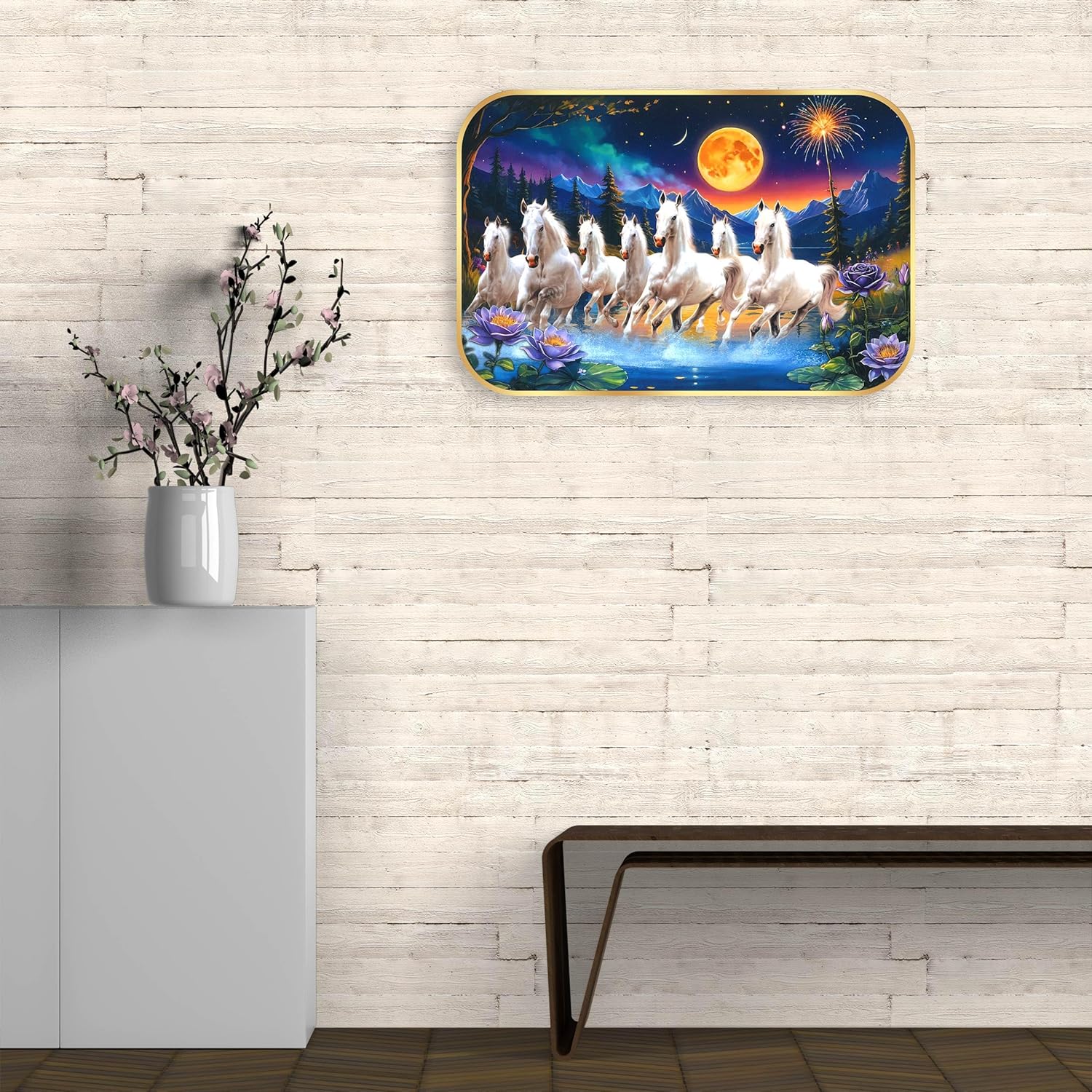 Indianara Seven Running White Horses Wall Art, Gold Frame, picturesque Scene, 45 x 30 cm (10905)