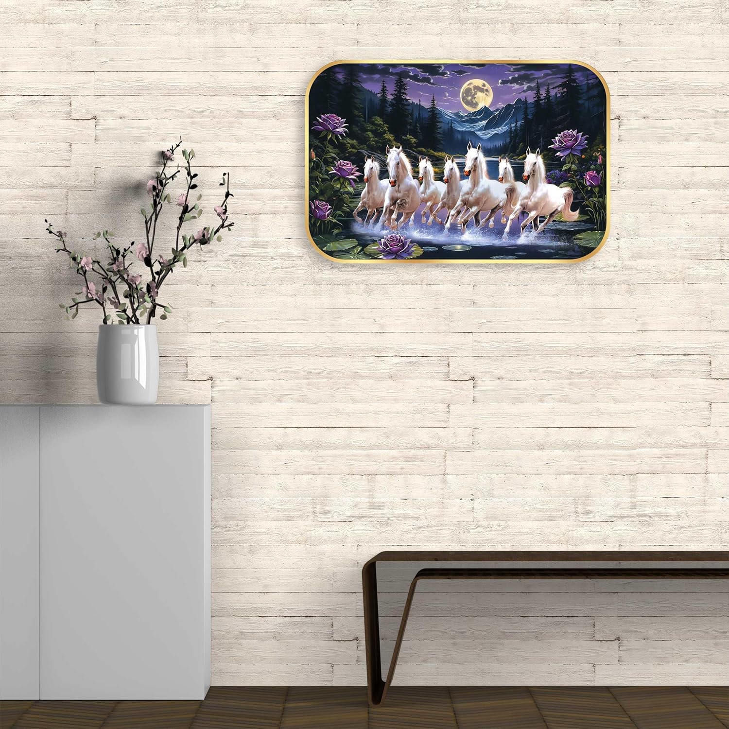Indianara Seven Running White Horses Wall Art, Gold Frame, picturesque Scene, 45 x 30 cm