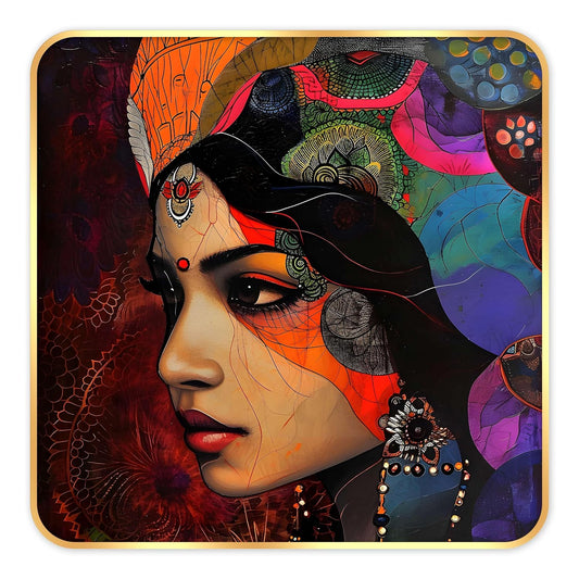 Indianara Beautiful Indian Woman Art Print with Golden Frame, Traditional Portrait, 40 cm x 40 cm, Premium Sparkle Lamination (6611)
