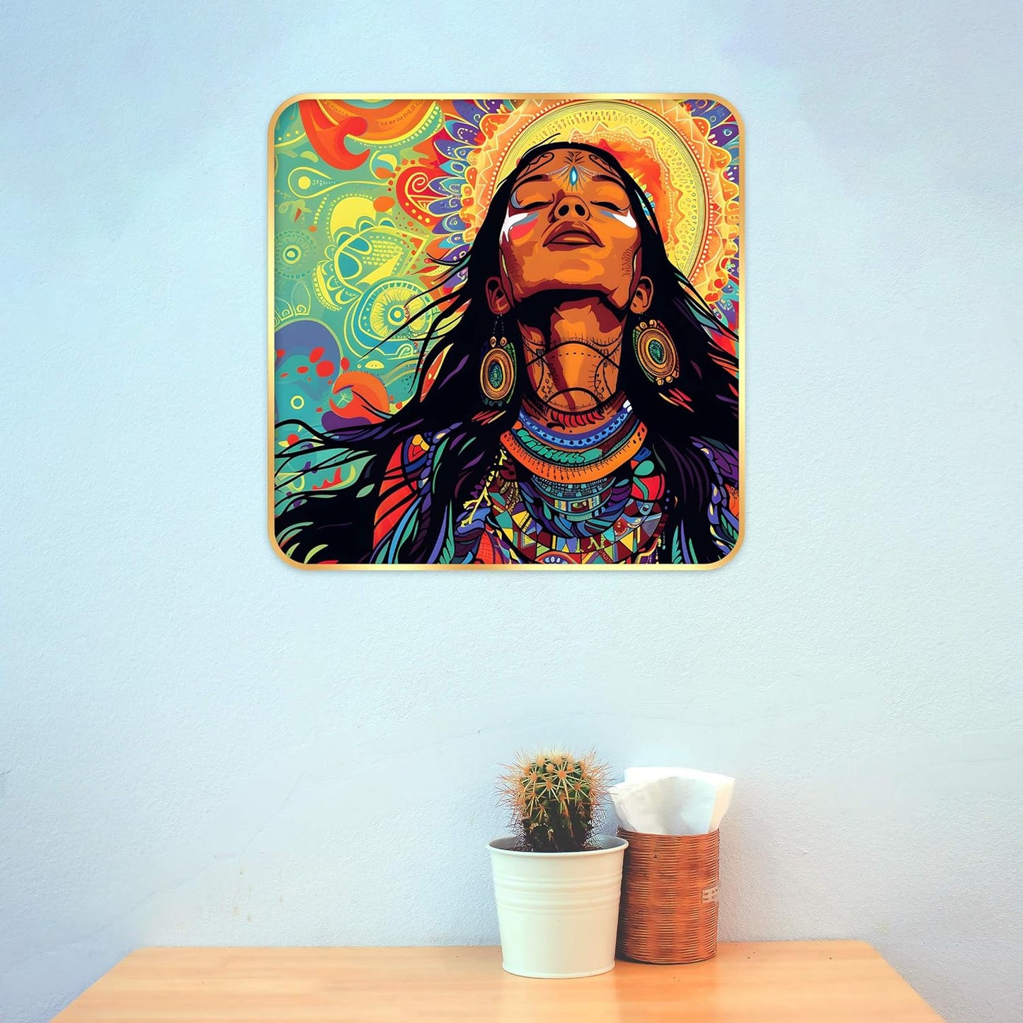 Indianara Tribal Art Wall Painting, Modern Design, Golden Frame, 40 cm x 40 cm, Premium Sparkle Lamination