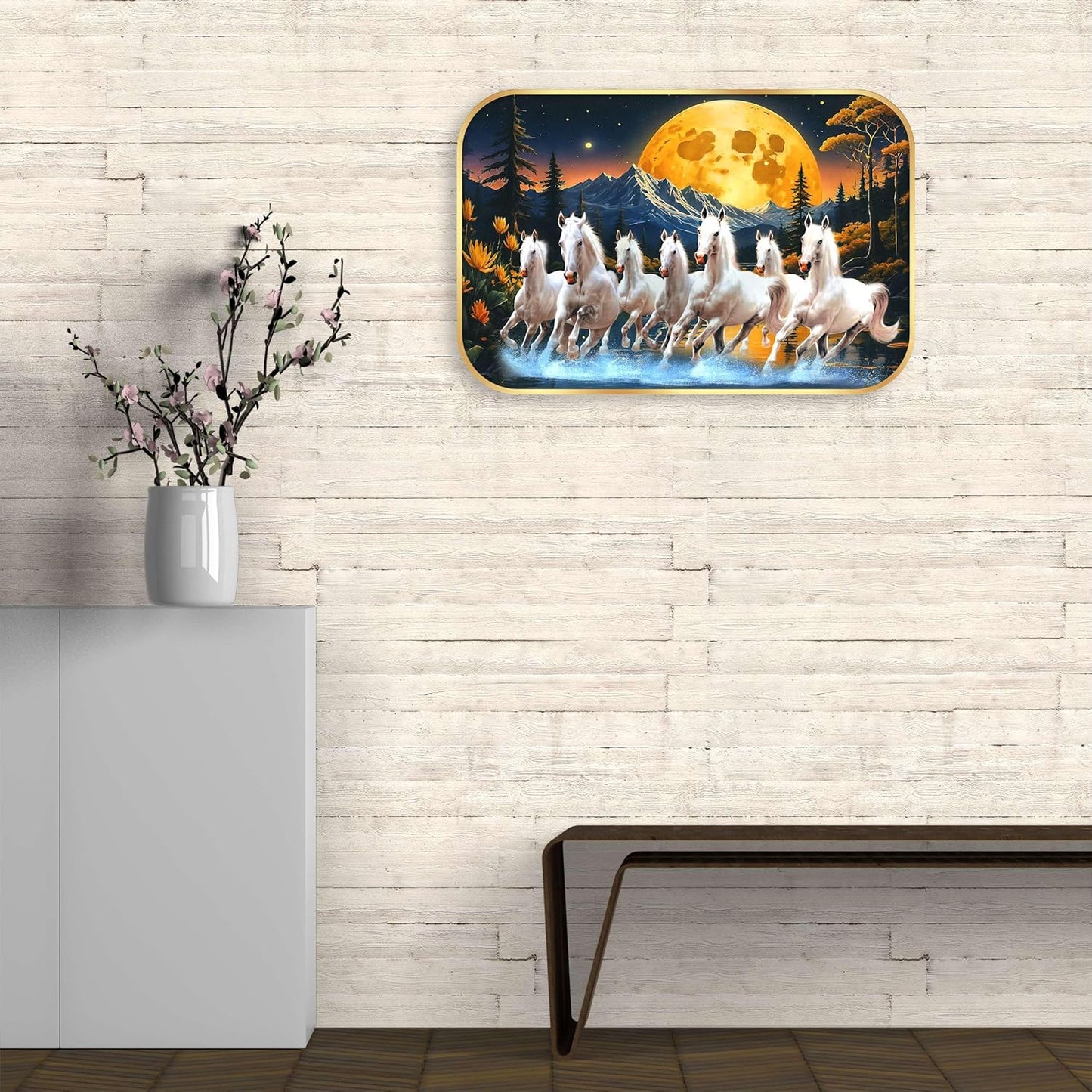Indianara Seven Running White Horses Wall Art, Gold Frame, picturesque Scene, 45 x 30 cm (10909)