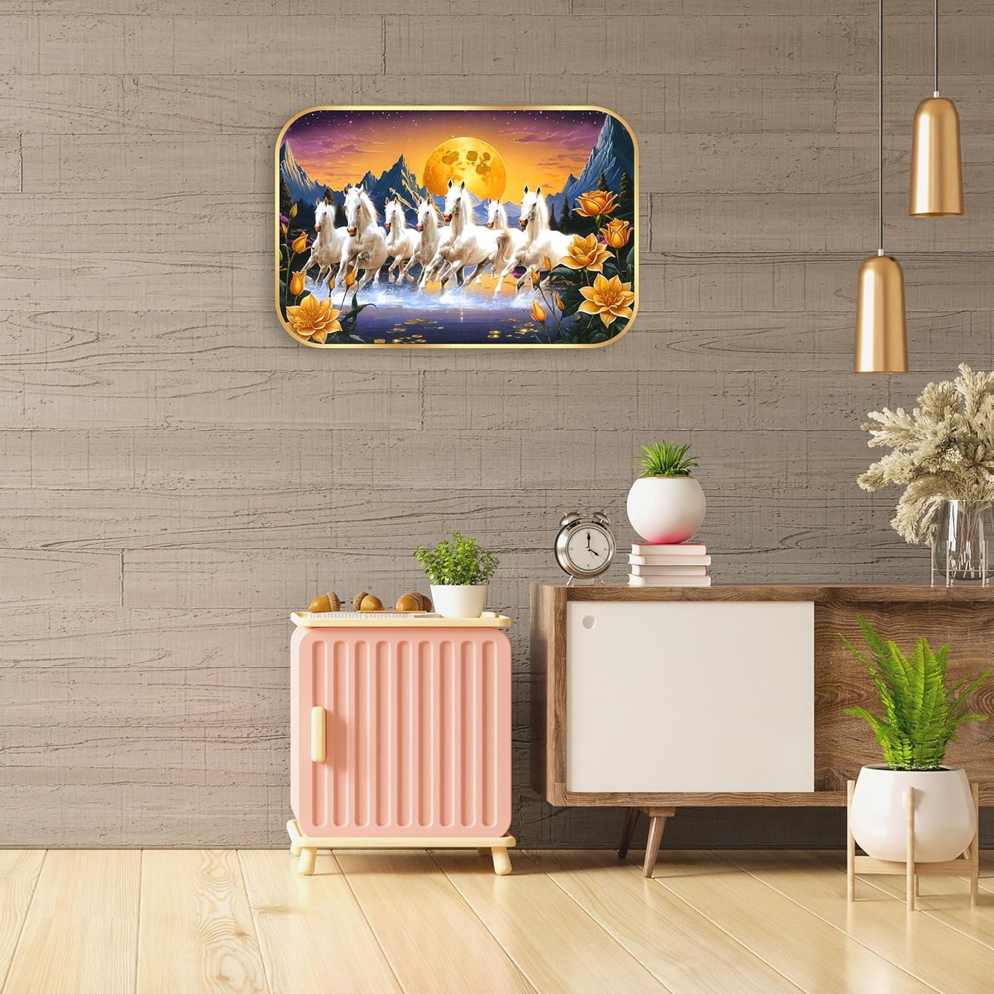 Indianara Seven Running White Horses Wall Art, Gold Frame, picturesque Sunrise Scene, 45 x 30 cm (10904)