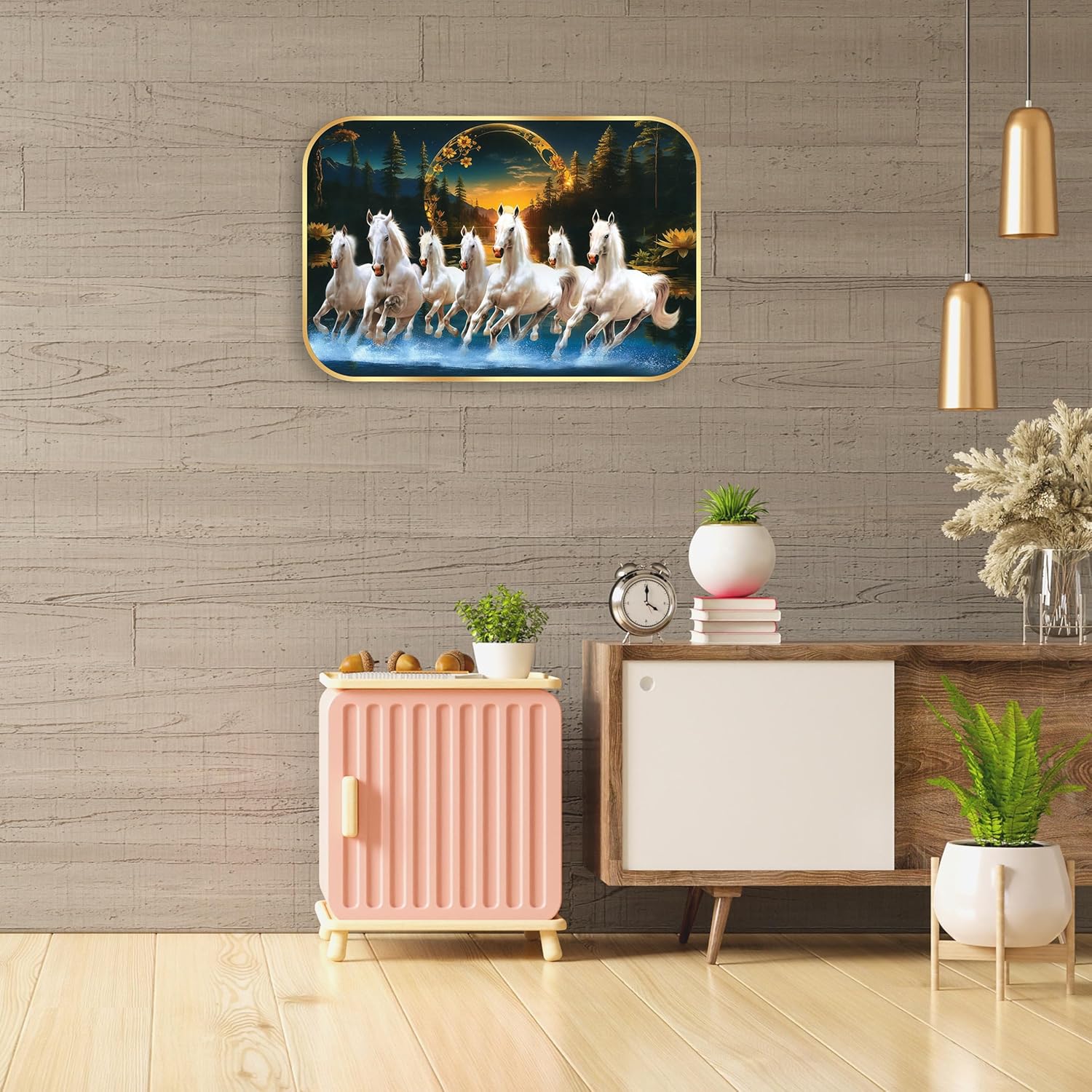 Indianara Seven Running White Horses Wall Art, Gold Frame, picturesque Scene, 45 x 30 cm (10903)