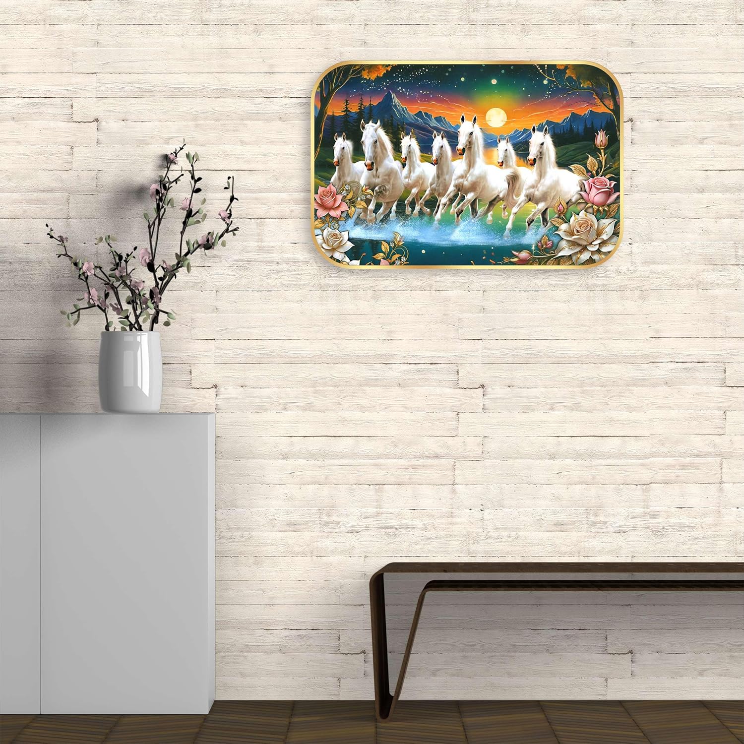 Indianara Seven Running White Horses Wall Art, Gold Frame, picturesque Scene, 45 x 30 cm (10910)