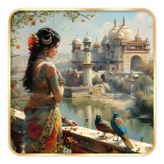 Indianara Beautiful Indian Woman Art Print with Golden Frame, Traditional Portrait, 40 cm x 40 cm, Premium Sparkle Lamination (6607)