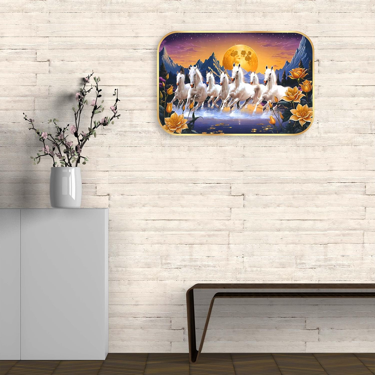 Indianara Seven Running White Horses Wall Art, Gold Frame, picturesque Scene, 45 x 30 cm (10906)
