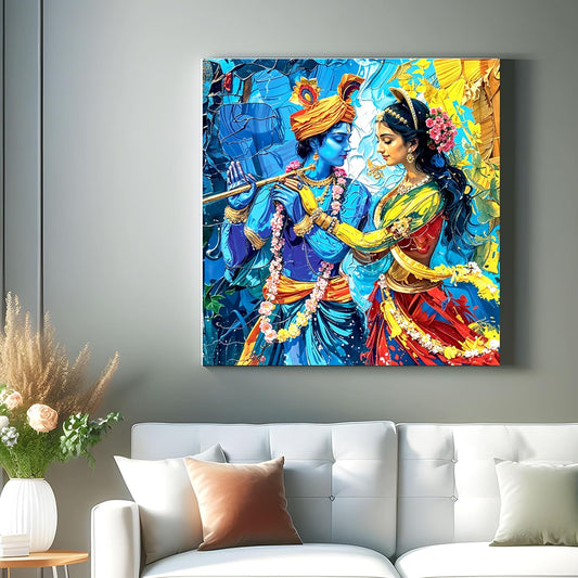 Indianara Radha Krishna Framed Canvas Painting | Wall Décor | Pooja Room | Bedroom | Living Room | Office | Hotel Interiors (Multi Color - 24 inch x 24 inch)