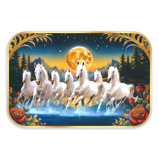 Indianara Seven Running White Horses Wall Art, Gold Frame, Night Scene with Moon, 45 x 30 cm (10914)