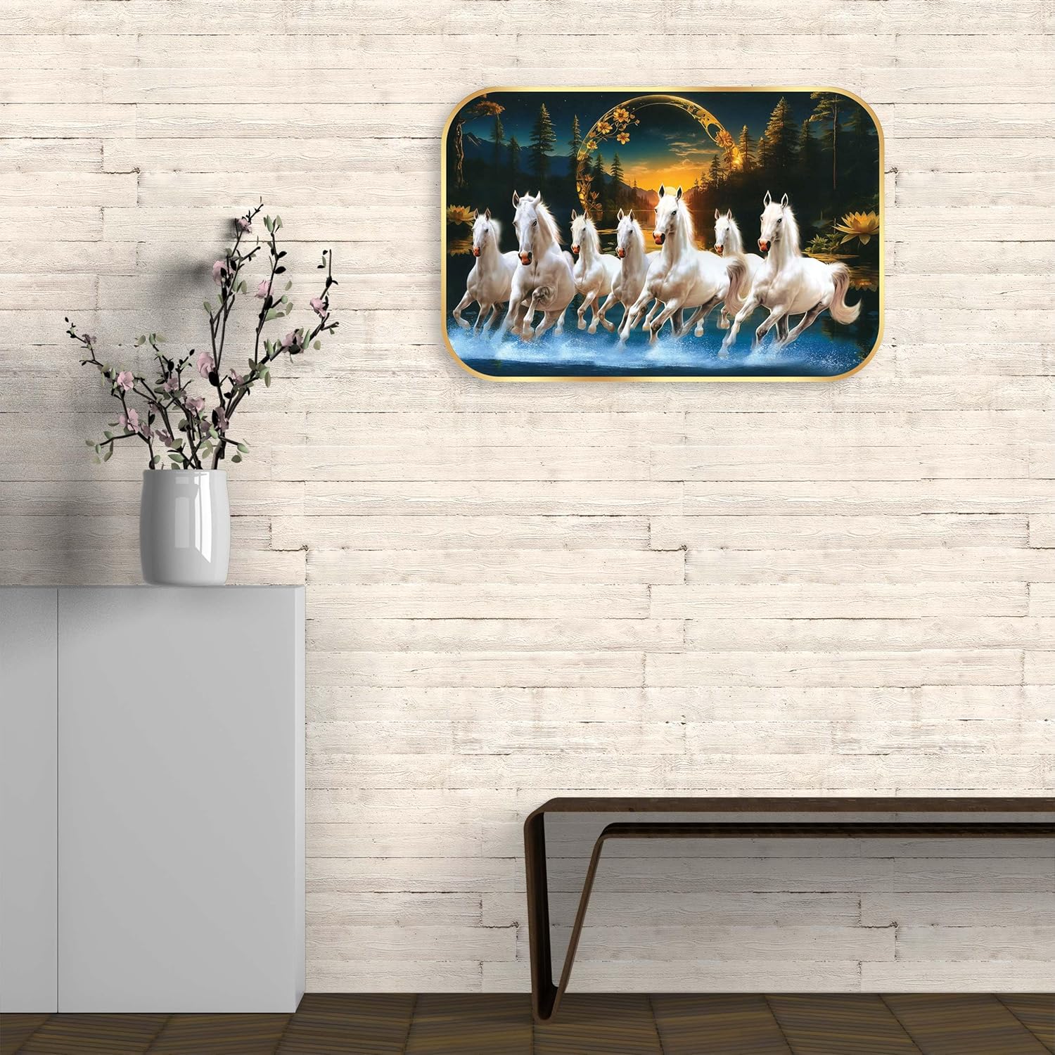 Indianara Seven Running White Horses Wall Art, Gold Frame, picturesque Scene, 45 x 30 cm (10903)