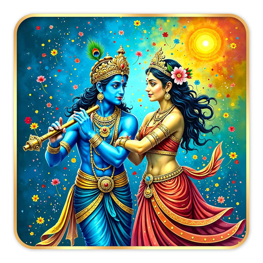 Indianara Traditional Radha Krishna Art Print, Golden Frame with Premium Sparkle Lamination, 40 cm x 40 cm (6673)