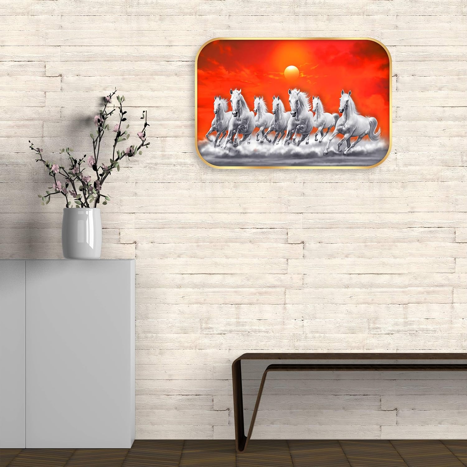 Indianara Seven Running White Horses Wall Art, Gold Frame, Night Scene with Purple Flowers, 45 x 30 cm (10929)