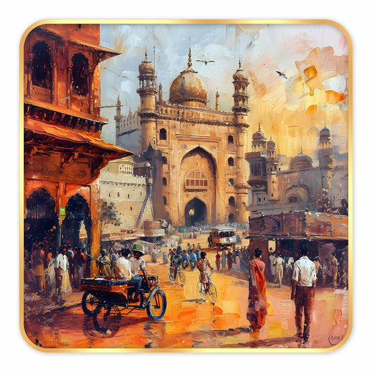 Indianara Ancient Indian Bazaar Scene Art Print, Golden Frame, Traditional Portrait, 40 cm x 40 cm, Premium Sparkle Lamination (6610)