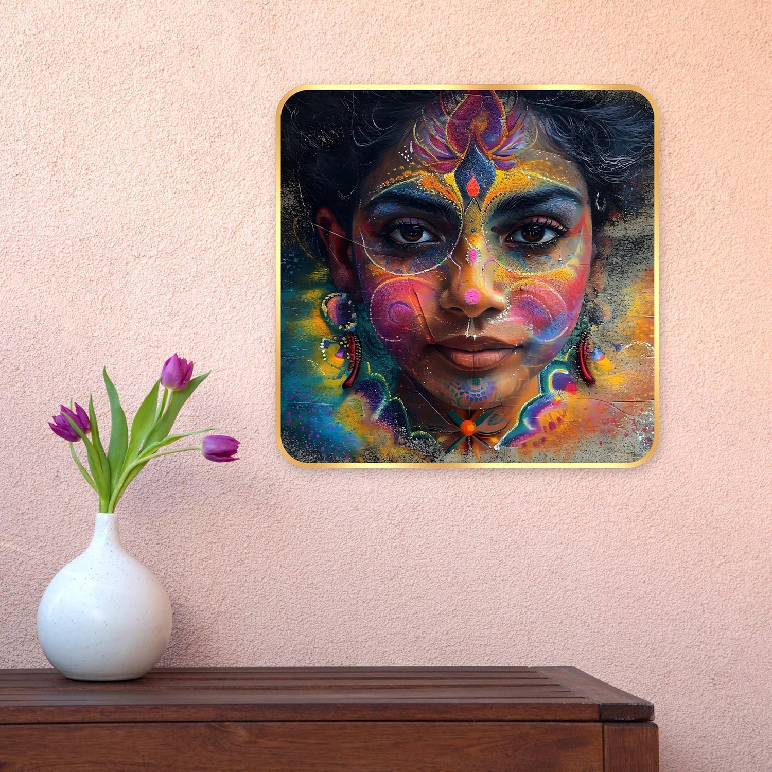 Indianara Beautiful Indian Woman Art Print with Golden Frame, Traditional Portrait, 40 cm x 40 cm, Premium Sparkle Lamination (6605)