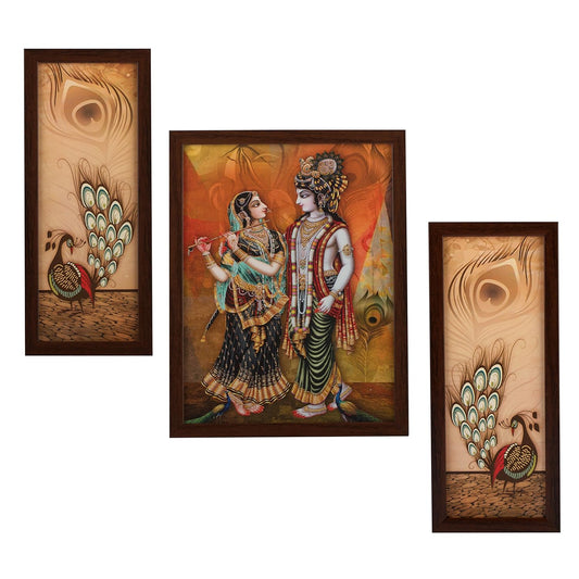 Indianara 3 Pc Set of Radha Krishna Paintings Without Glass 5.2 X 12.5, 9.5 X 12.5, 5.2 X 12.5 Inch-Multicolour