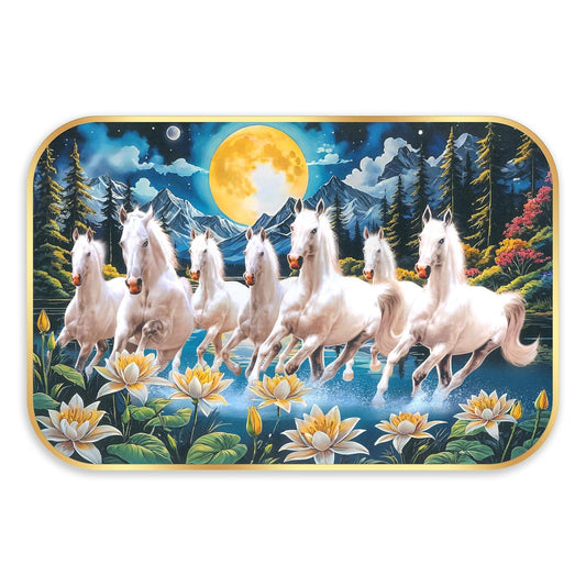 Indianara Seven Running White Horses Wall Art, Gold Frame, Night Scene with Purple Flowers, 45 x 30 cm (10915)