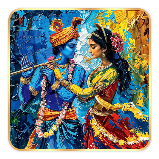Indianara Traditional Radha Krishna Art Print, Golden Frame, Premium Sparkle Lamination, 40 cm x 40 cm