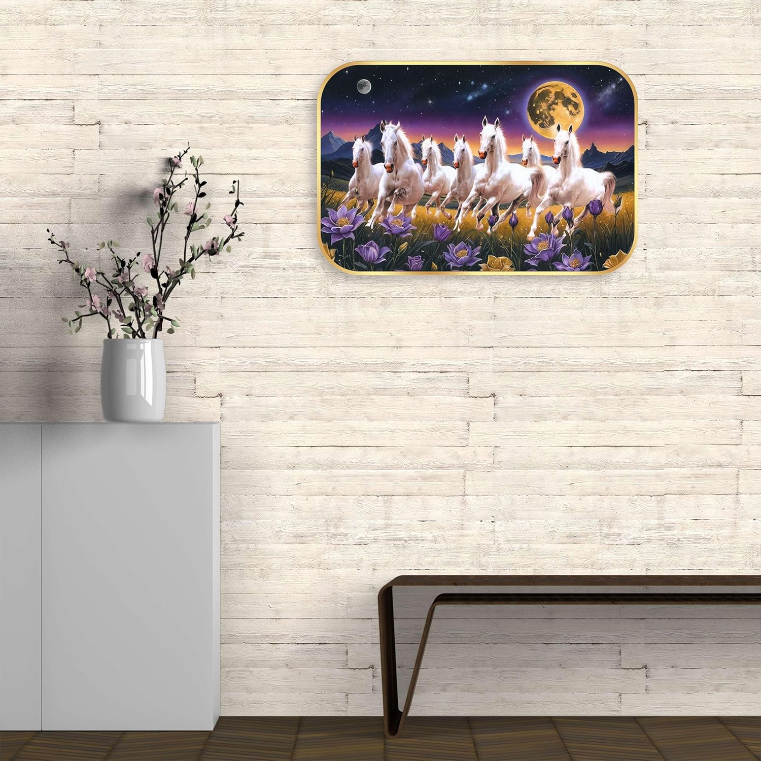 Indianara Seven Running White Horses Wall Art, Gold Frame, Night Scene with Purple Flowers, 45 x 30 cm (10911)