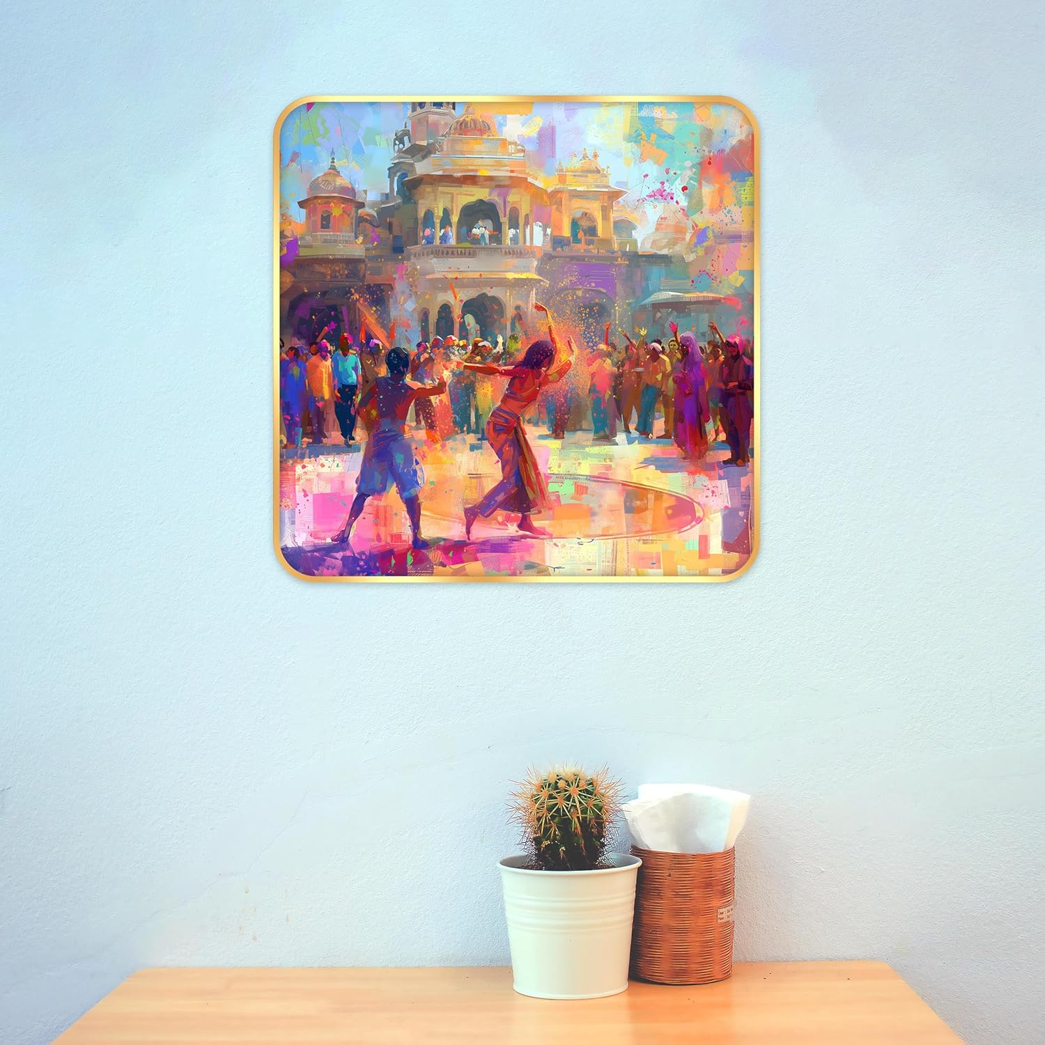 Indianara Beautiful Ancient Indian Holi Celebration Art Print with Golden Frame, Traditional Portrait, 40 cm x 40 cm, Premium Sparkle Lamination