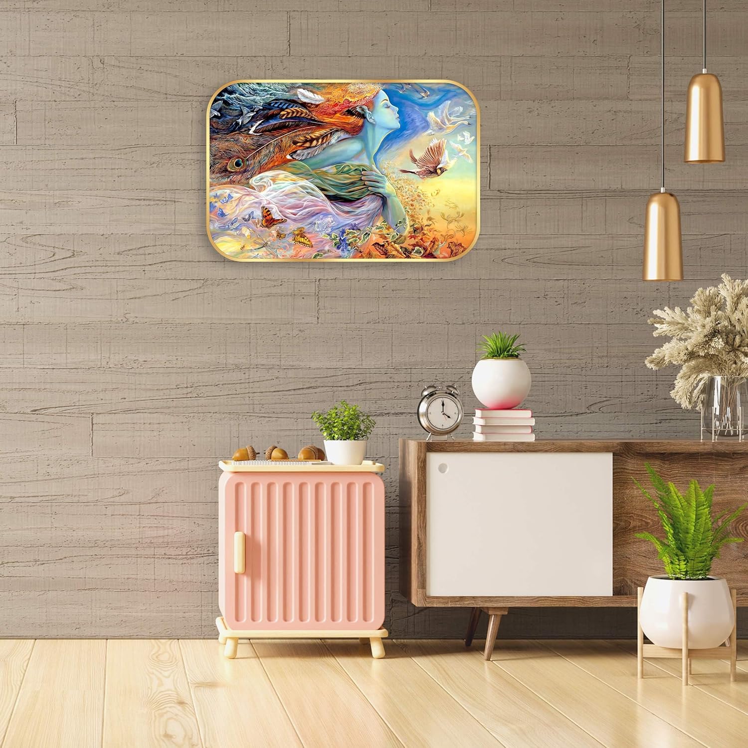 Indianara Fantasy Nature Wall Art, Digital Print with Beautiful Woman Feathers and Butterflies Design, Gold Frame, 45 x 30 cm