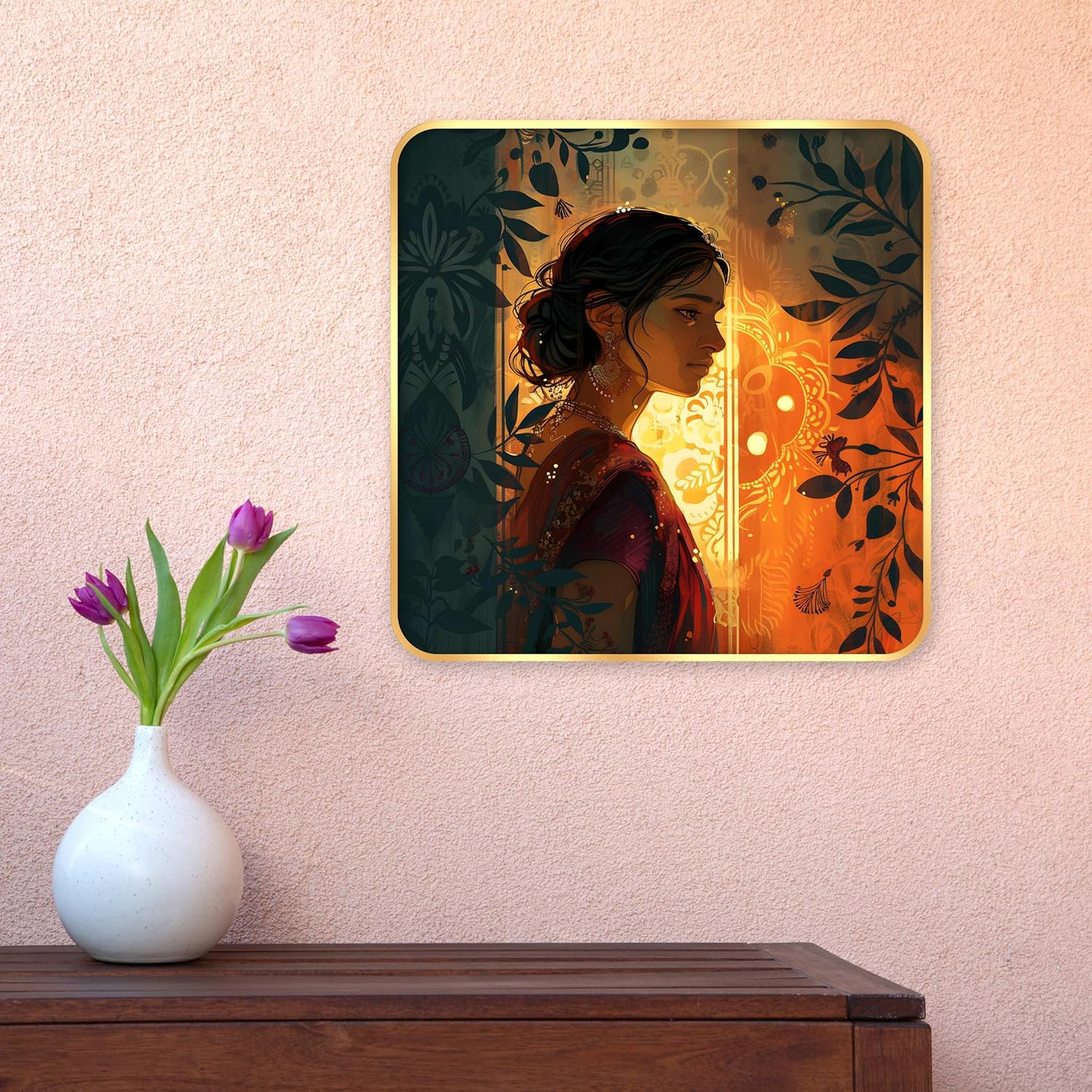 Indianara Beautiful Indian Woman Art Print with Golden Frame, Traditional Portrait, 40 cm x 40 cm, Premium Sparkle Lamination