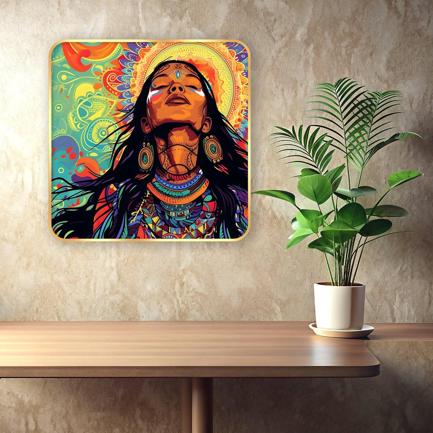 Indianara Tribal Art Wall Painting, Modern Design, Golden Frame, 40 cm x 40 cm, Premium Sparkle Lamination