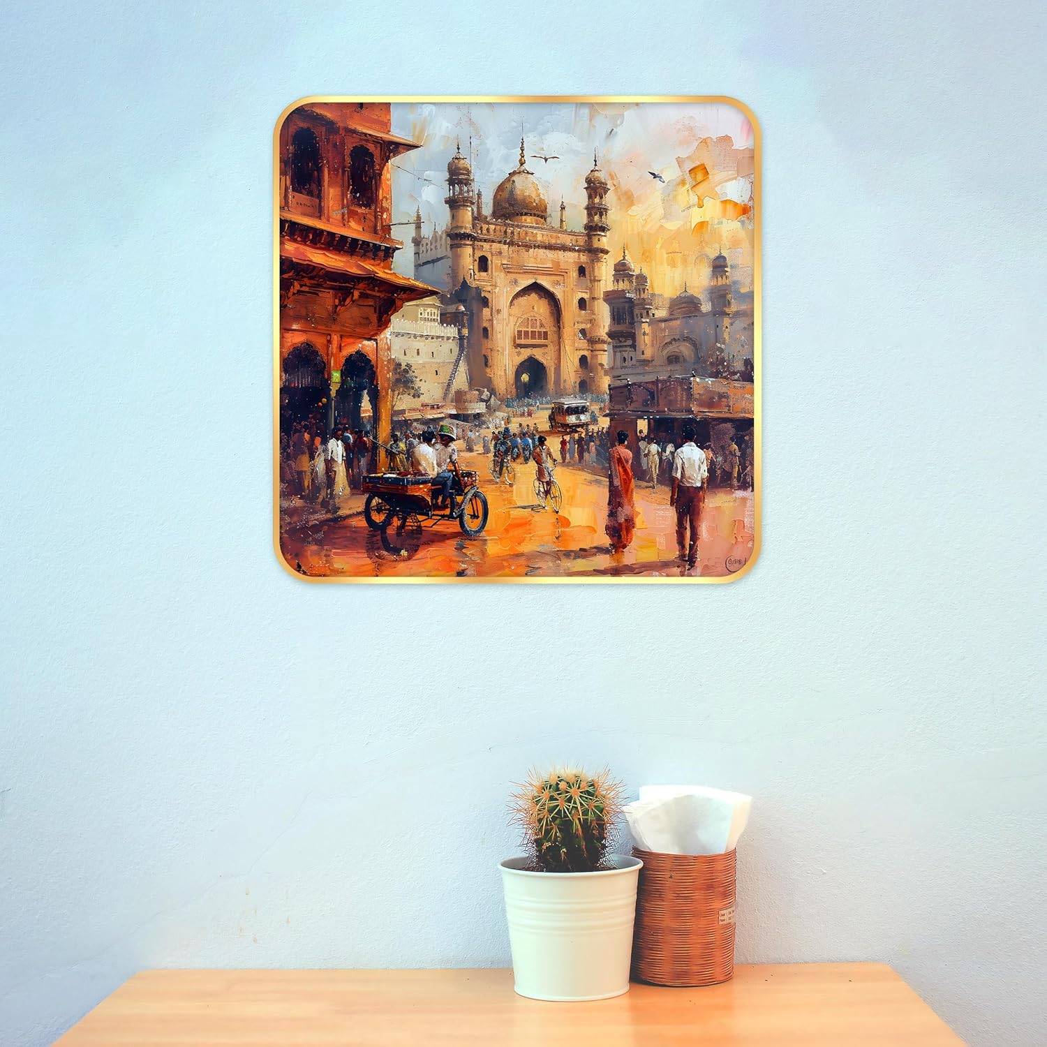 Indianara Ancient Indian Bazaar Scene Art Print, Golden Frame, Traditional Portrait, 40 cm x 40 cm, Premium Sparkle Lamination (6610)