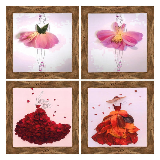 Indianara Fashion Wall Art Print Set, 4 Pieces Floral Dress Designs, 24.13 x 24.13 cm Each, Walnut Frames (6525 WNT)